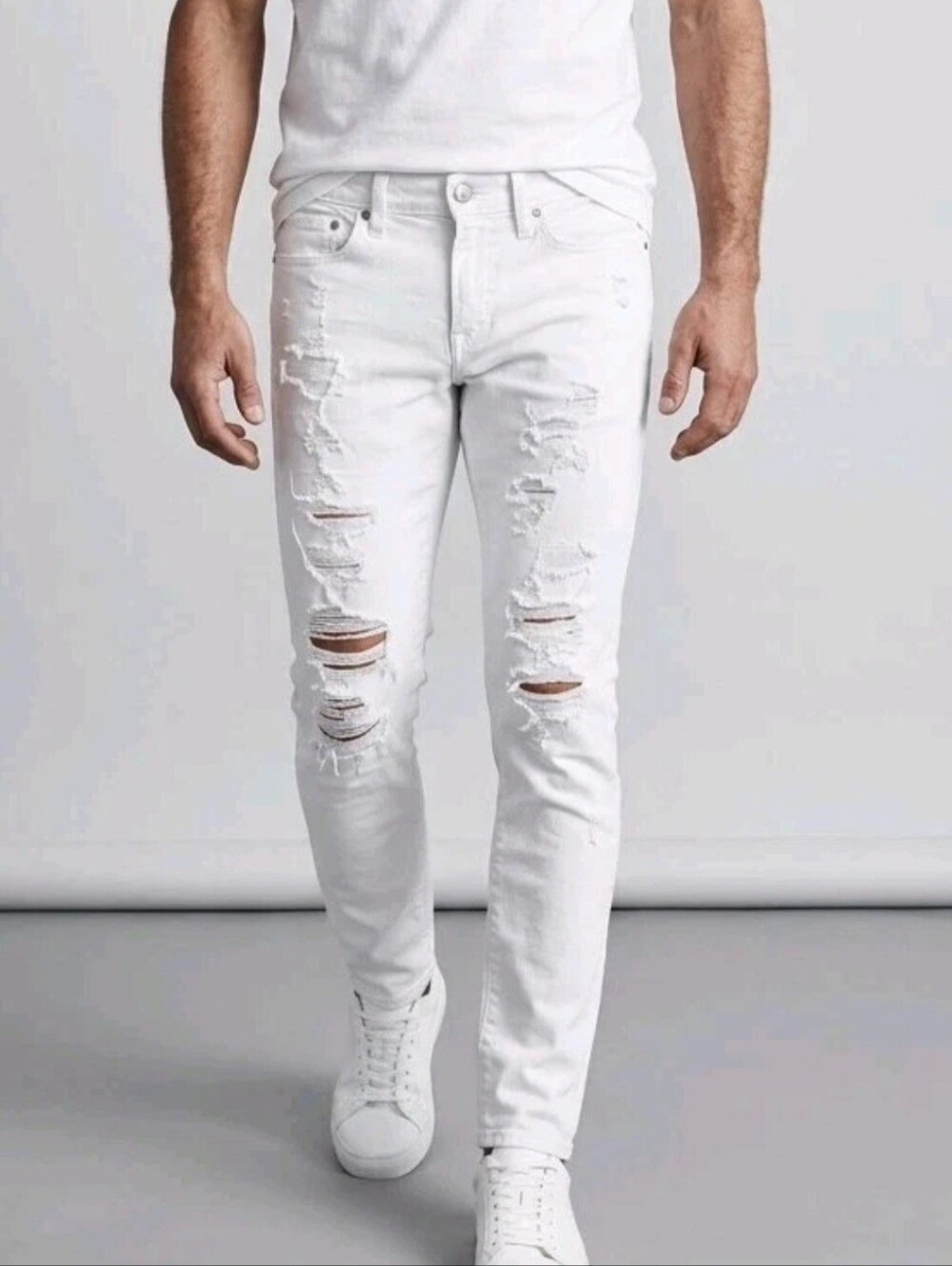 American Eagle Jeans Mens 29x32 White Denim Airflex Skinny Distressed Stretch